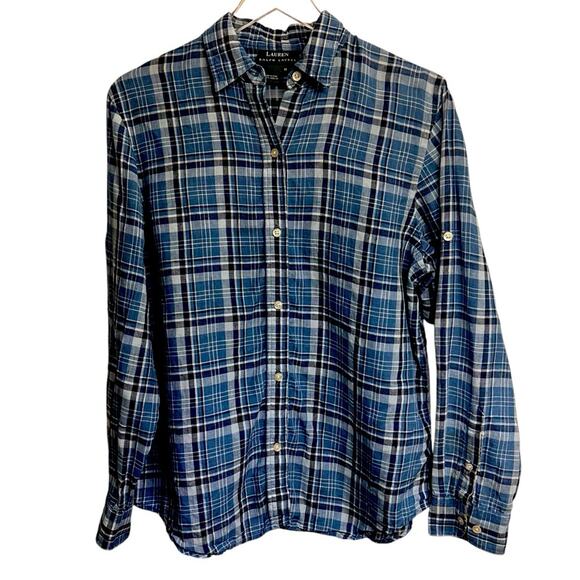 LRL 100% linen women’s Medium blue plaid long sleeve button up shirt, preppy - Picture 1 of 11